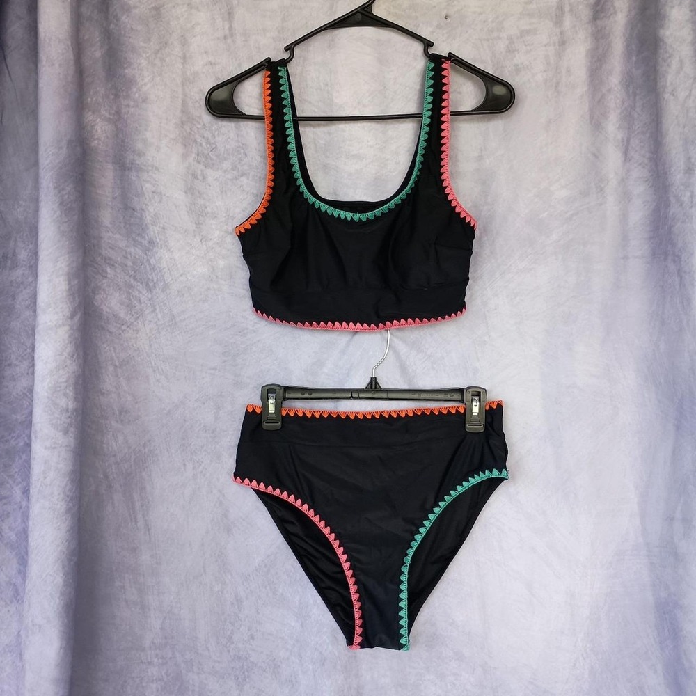 Black Colorful Crochet Trim High Waist Two Piece Bikini Swimsuit